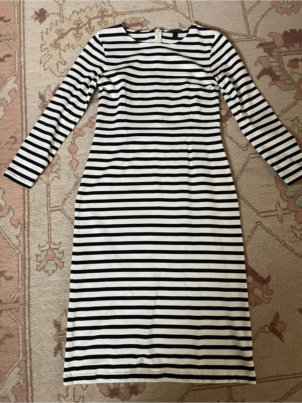 J. Crew Black and White Striped Long-Sleeve Midi Dress
